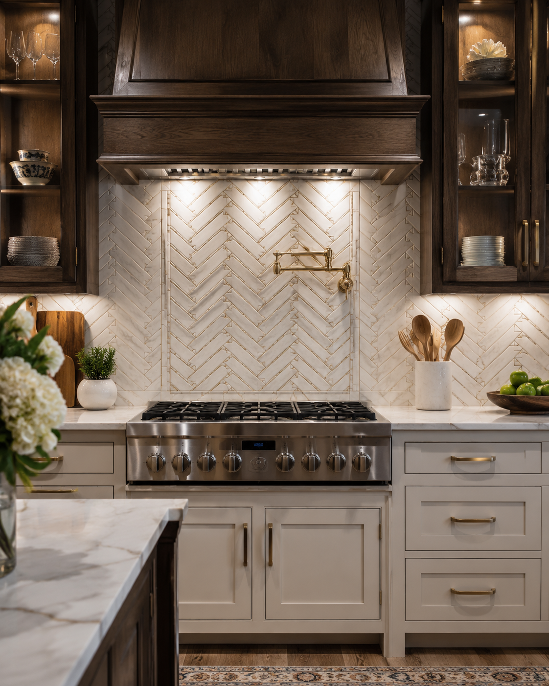 White marble-look herringbone tile backsplash with a framed range feature, dark wood cabinetry, and brass fixtures in Charlotte, NC.