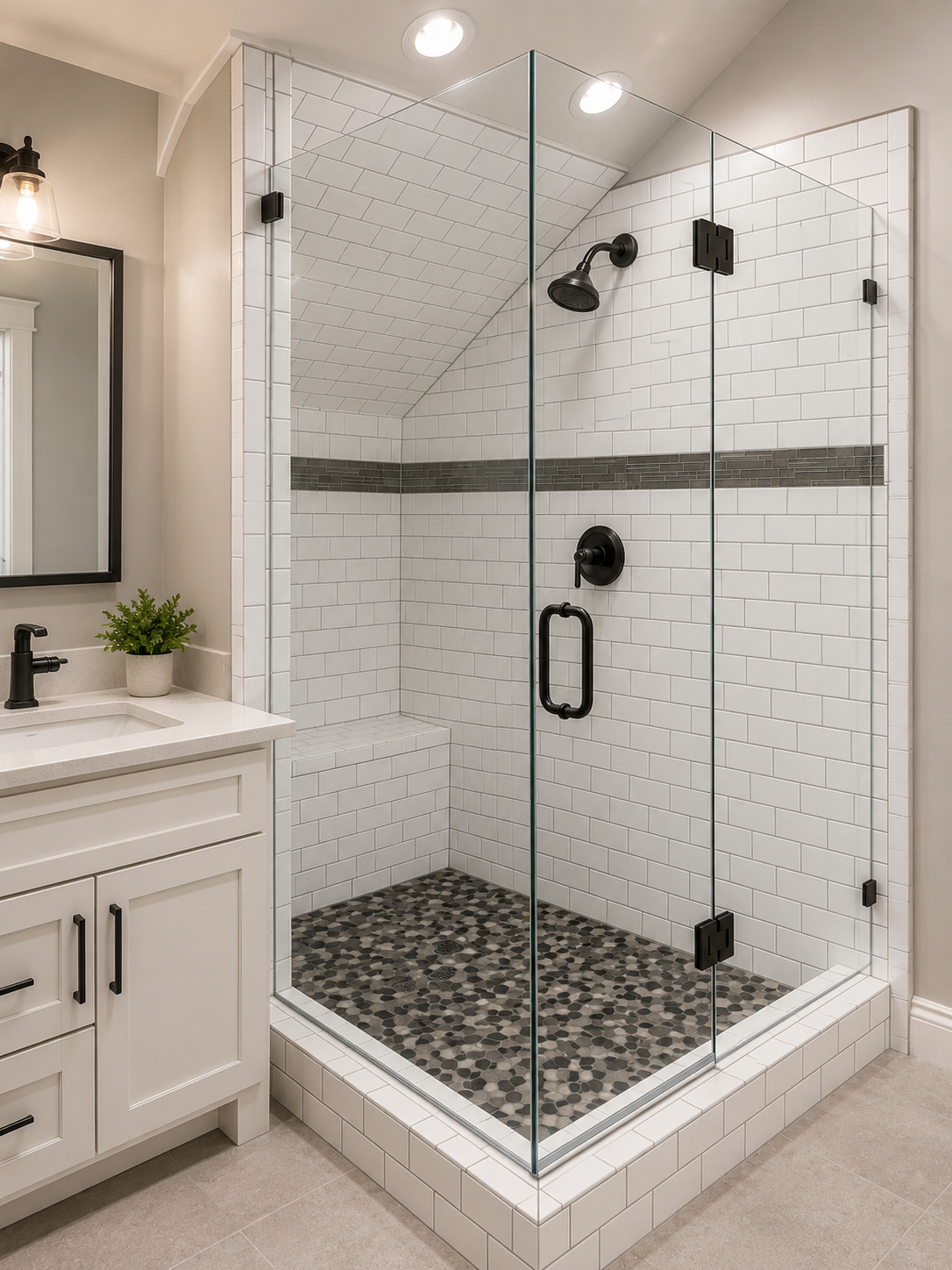 Frameless corner shower with white subway wall tile, a dark mosaic accent band, pebble floor, bench, and black fixtures in Davidson, NC.