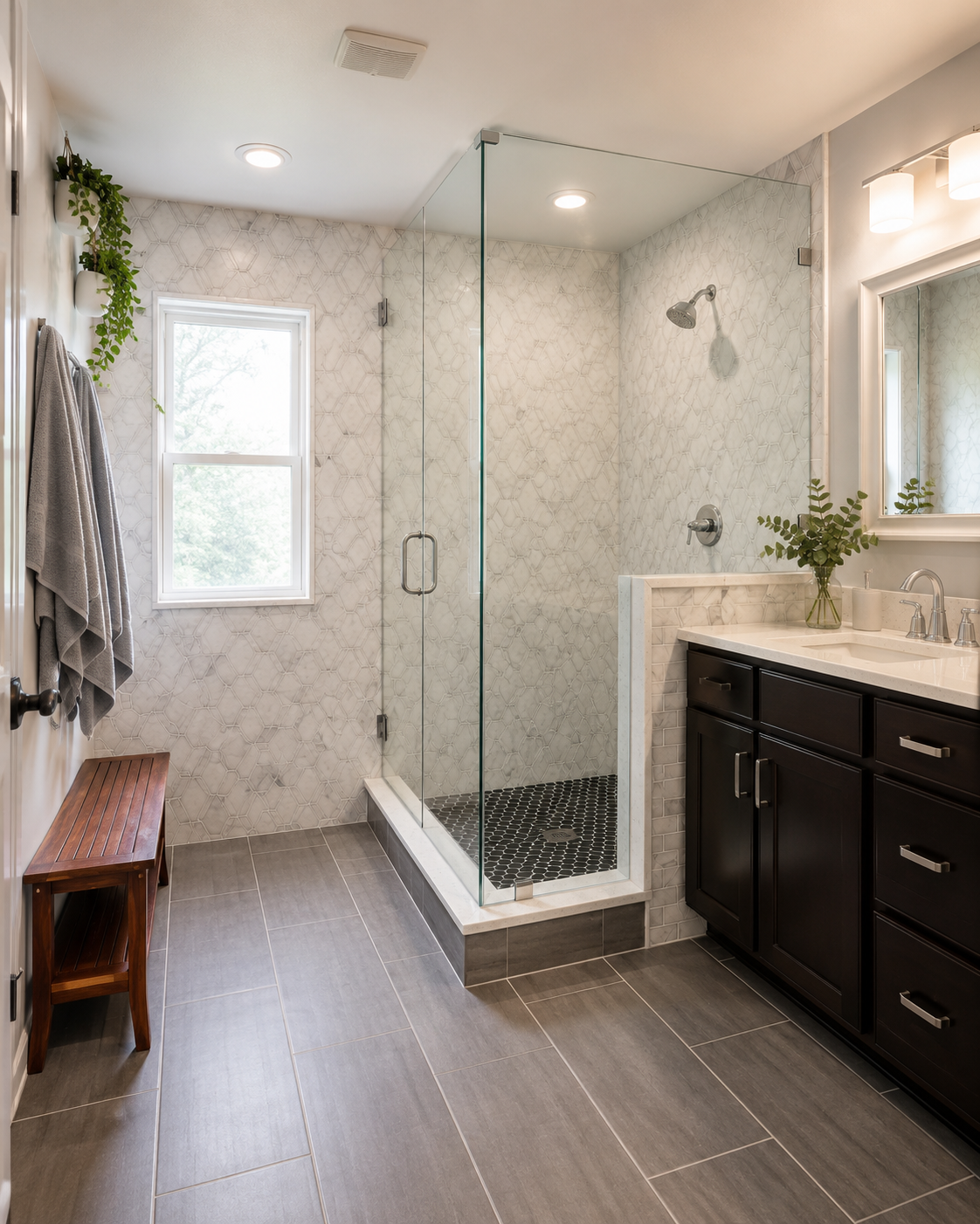 Walk-in shower with white and gray geometric mosaic walls, black hexagon floor tile, frameless glass, and a dark wood vanity in Fort Mill, SC..