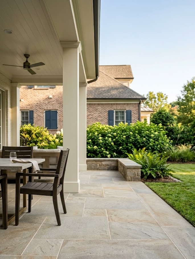 Covered backyard patio with large rectangular stone pavers, an outdoor dining area, and a low masonry seat wall in Cornelius, NC