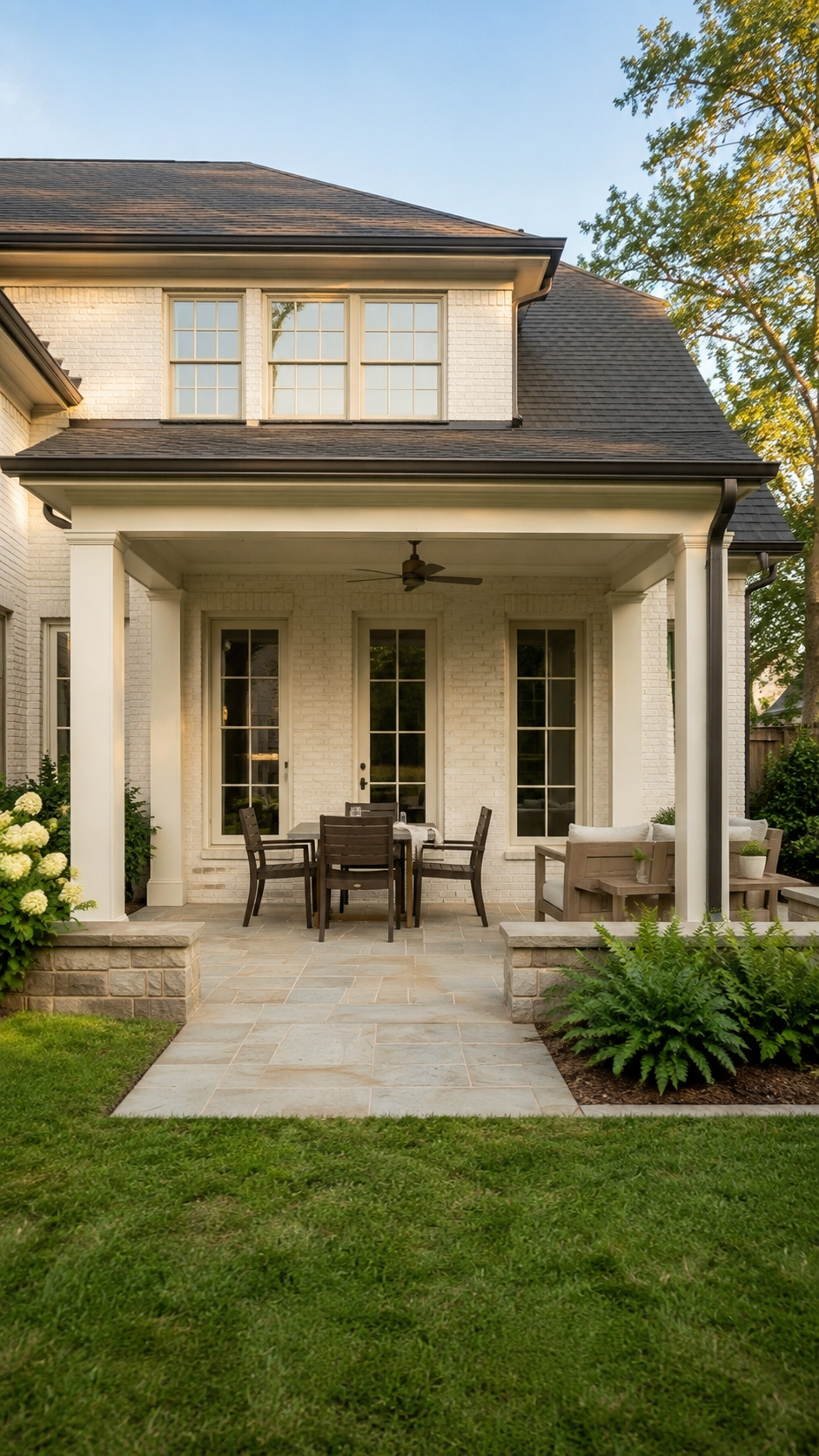 Wide backyard view of a covered patio with light stone paving, white columns, low stone walls, and surrounding landscaping in Cornelius, NC