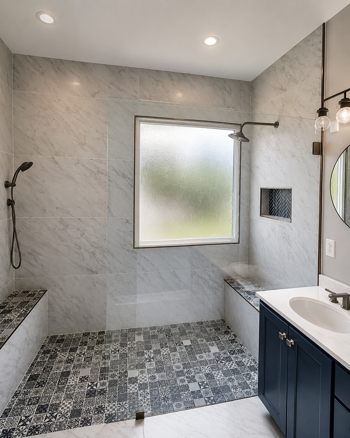 Straight-on view of a large walk-in shower with marble-look wall tile, patterned mosaic flooring, two tiled benches, and a dark herringbone niche in Waxhaw, NC
