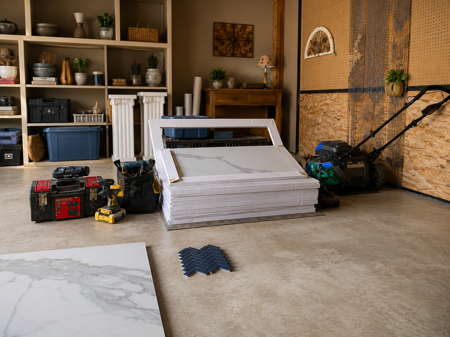 Large-format marble-look tile panels, dark mosaic samples, tools, and installation materials staged before a bathroom project in Waxhaw, NC.