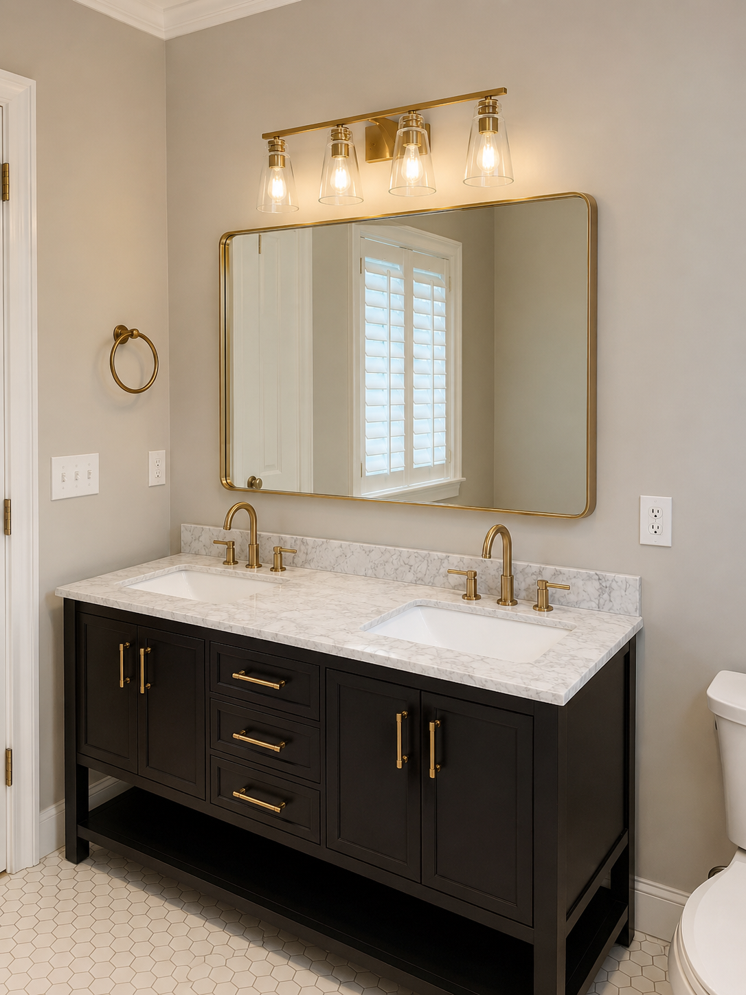Black double vanity with a light stone countertop, brass fixtures, a large brass-framed mirror, and white hexagon tile flooring in Waxhaw, NC.