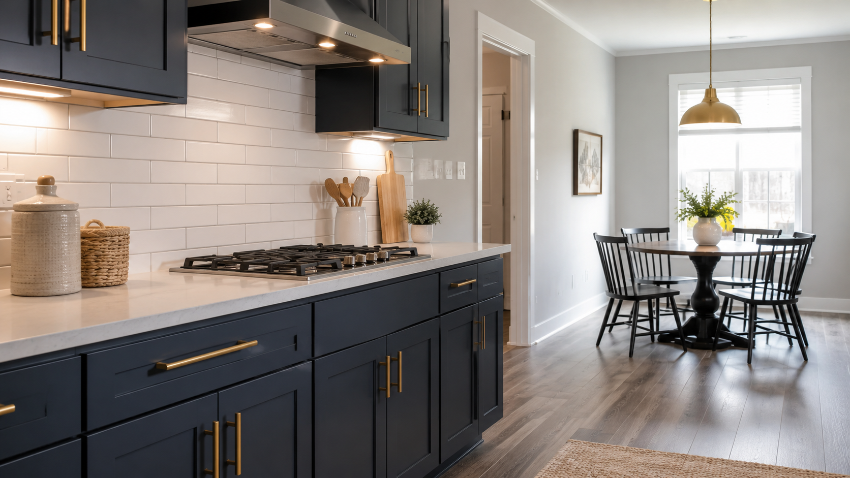 White subway tile backsplash installed above navy kitchen cabinets with brass hardware, white countertops, and under-cabinet lighting in Charlotte, NC.