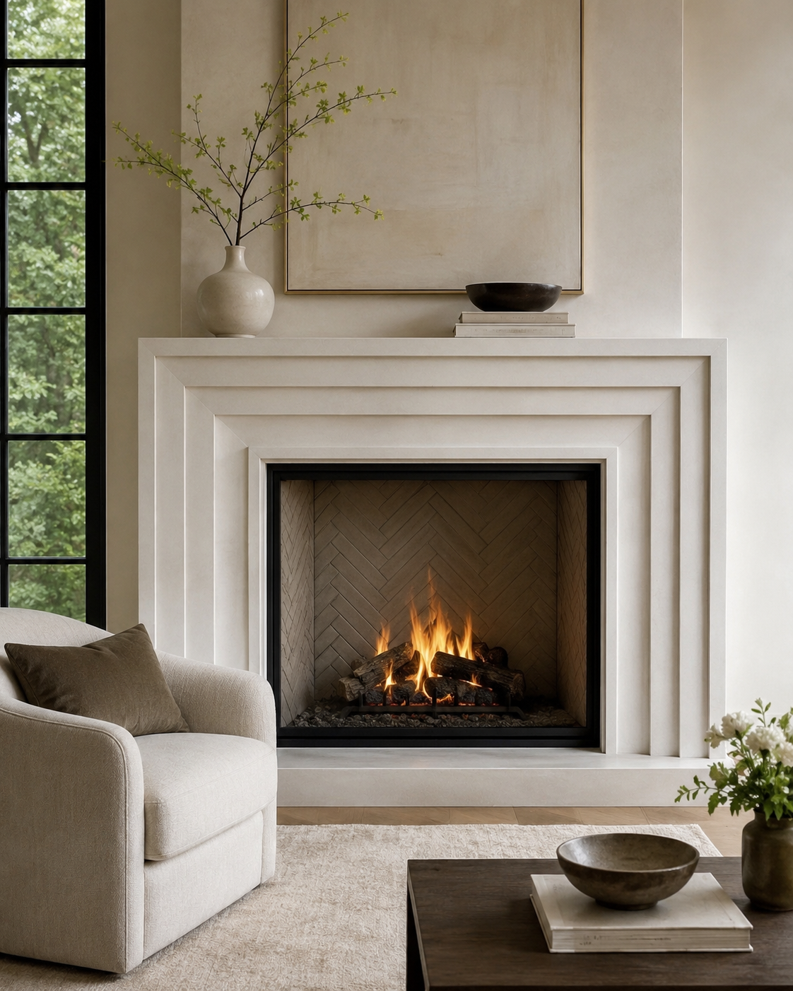 Close view of a white stepped precast stone fireplace surround with a dark herringbone firebox and black metal fireplace frame in Charlotte, NC