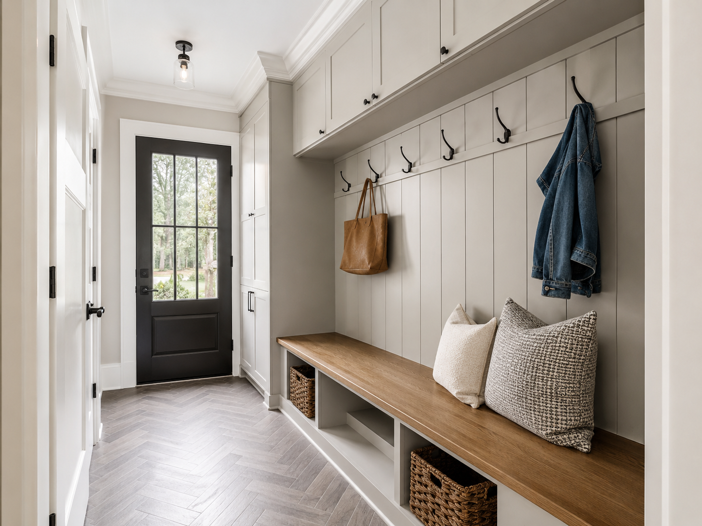 Finished mudroom with a built-in wood bench, gray vertical wall paneling, black coat hooks, overhead cabinets, and a light gray herringbone tile floor in Charlotte, NC