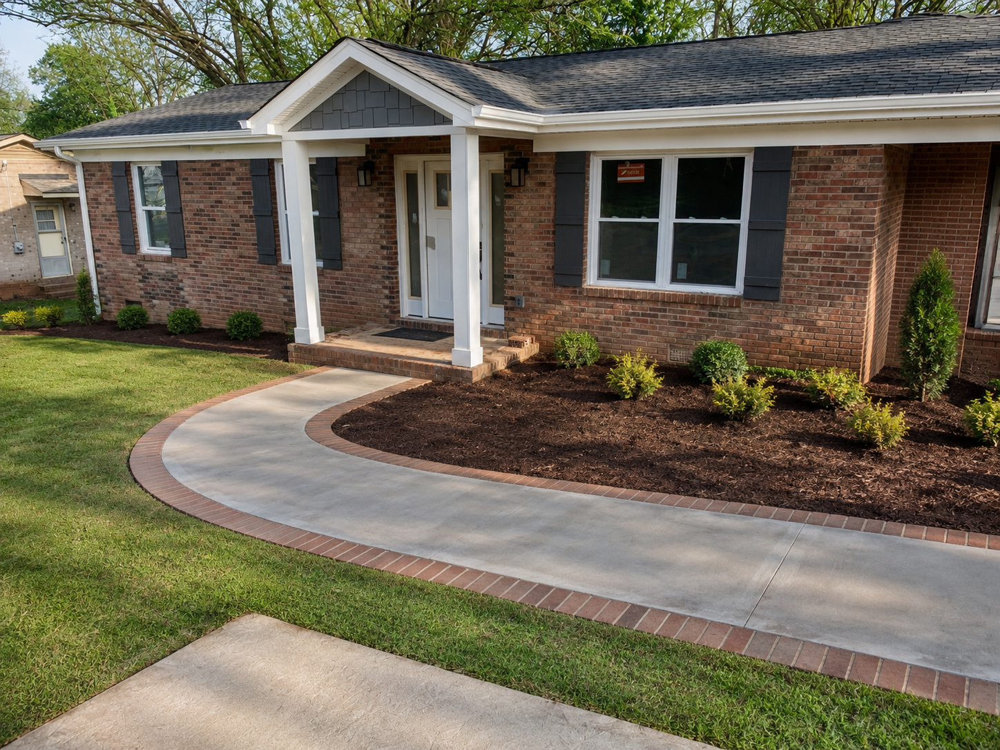 Curved concrete front walkway with a red brick border leading to a covered entry on a brick home with refreshed landscaping in Davidson, NC