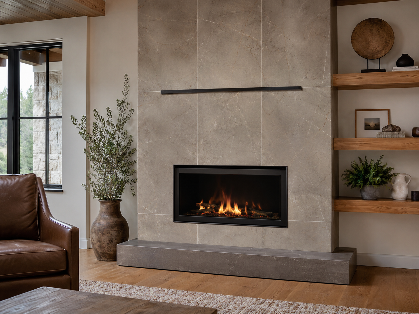 Contemporary fireplace wall finished with large warm taupe marble-look porcelain panels and an extended stone hearth in Huntersville, NC