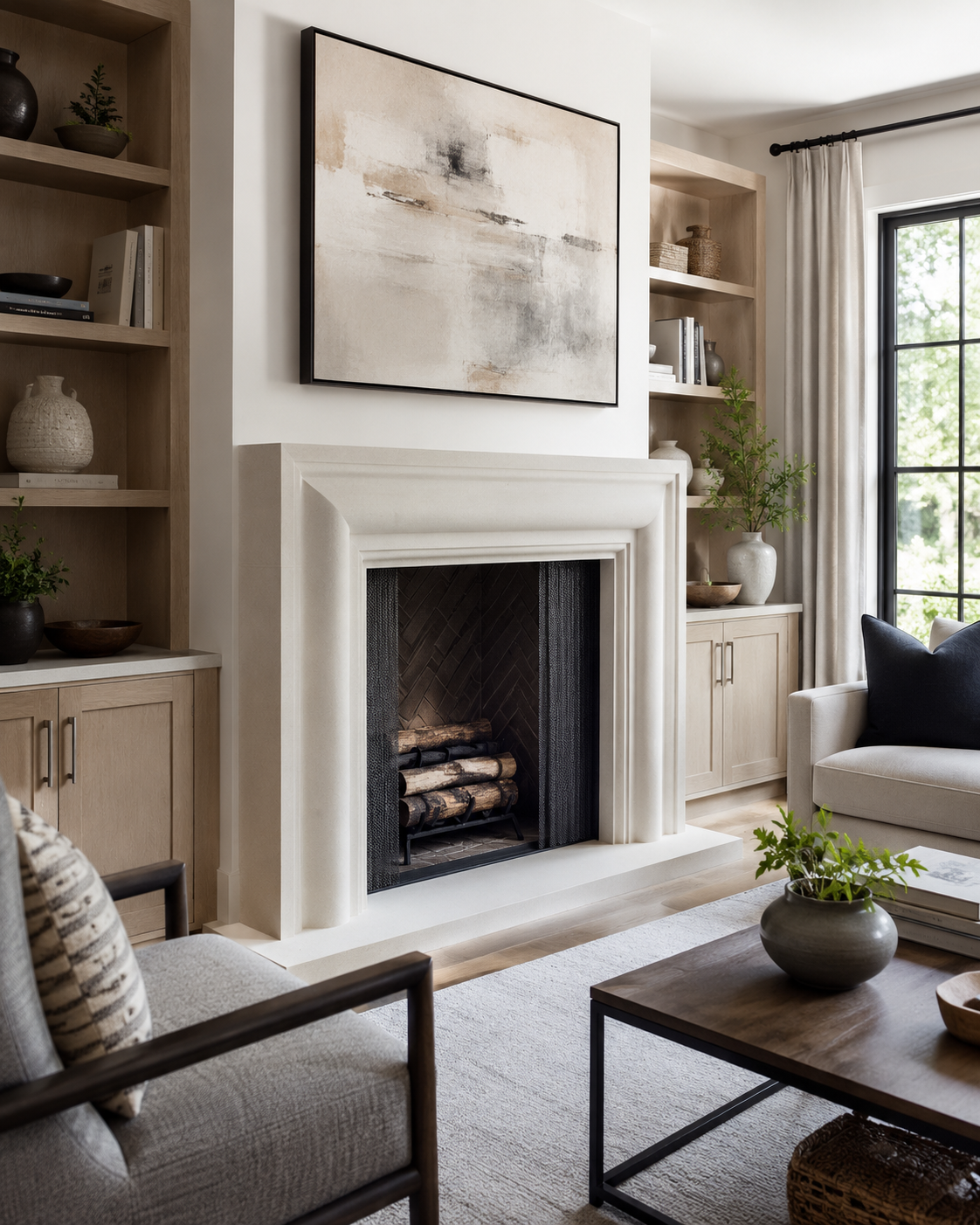 White layered precast stone fireplace surround with a dark herringbone firebox and light wood built-in cabinetry in Huntersville, NC