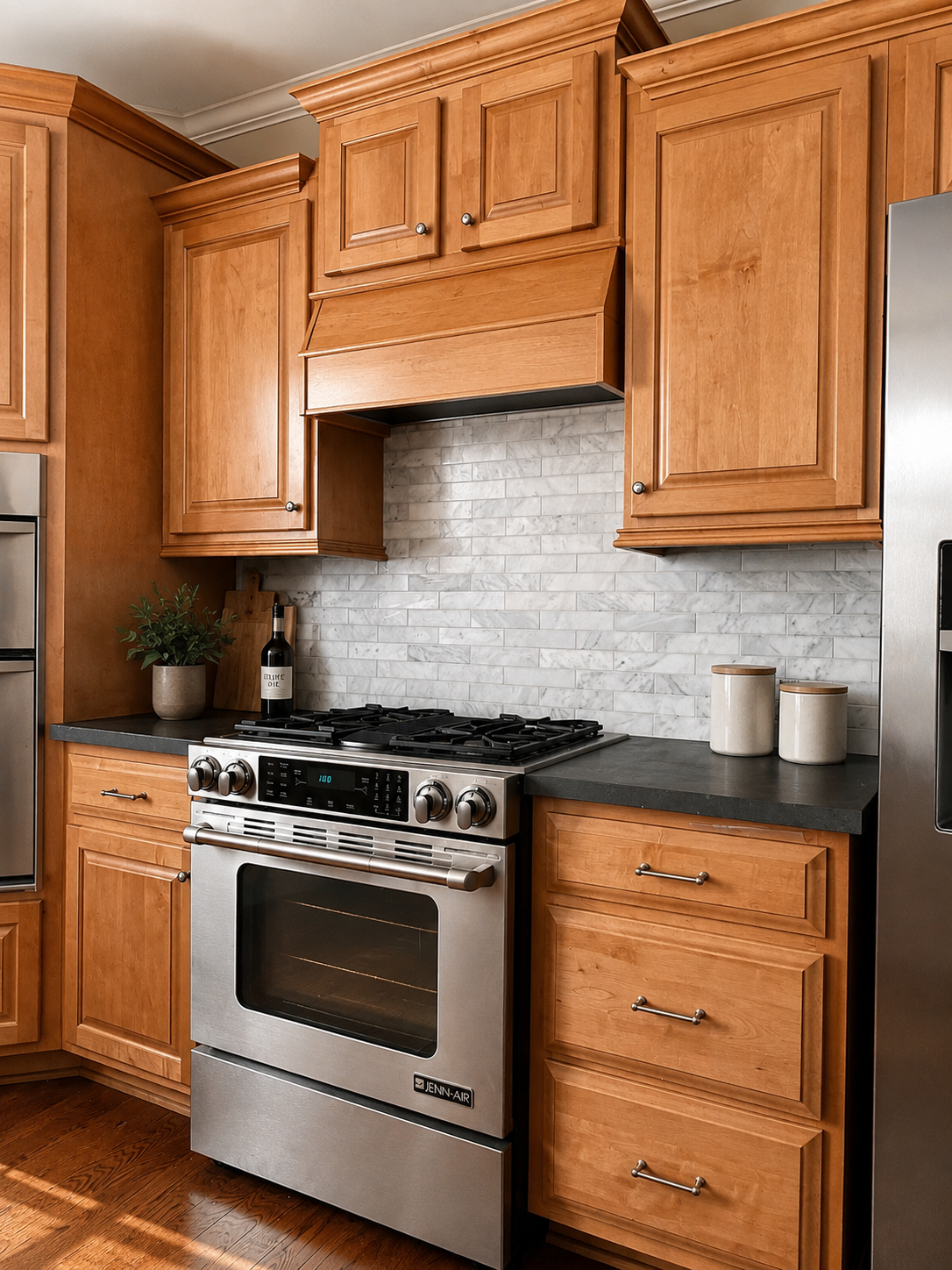 Natural wood kitchen cabinetry surrounding a stainless range with a white and gray marble subway tile backsplash in Harrisburg, NC