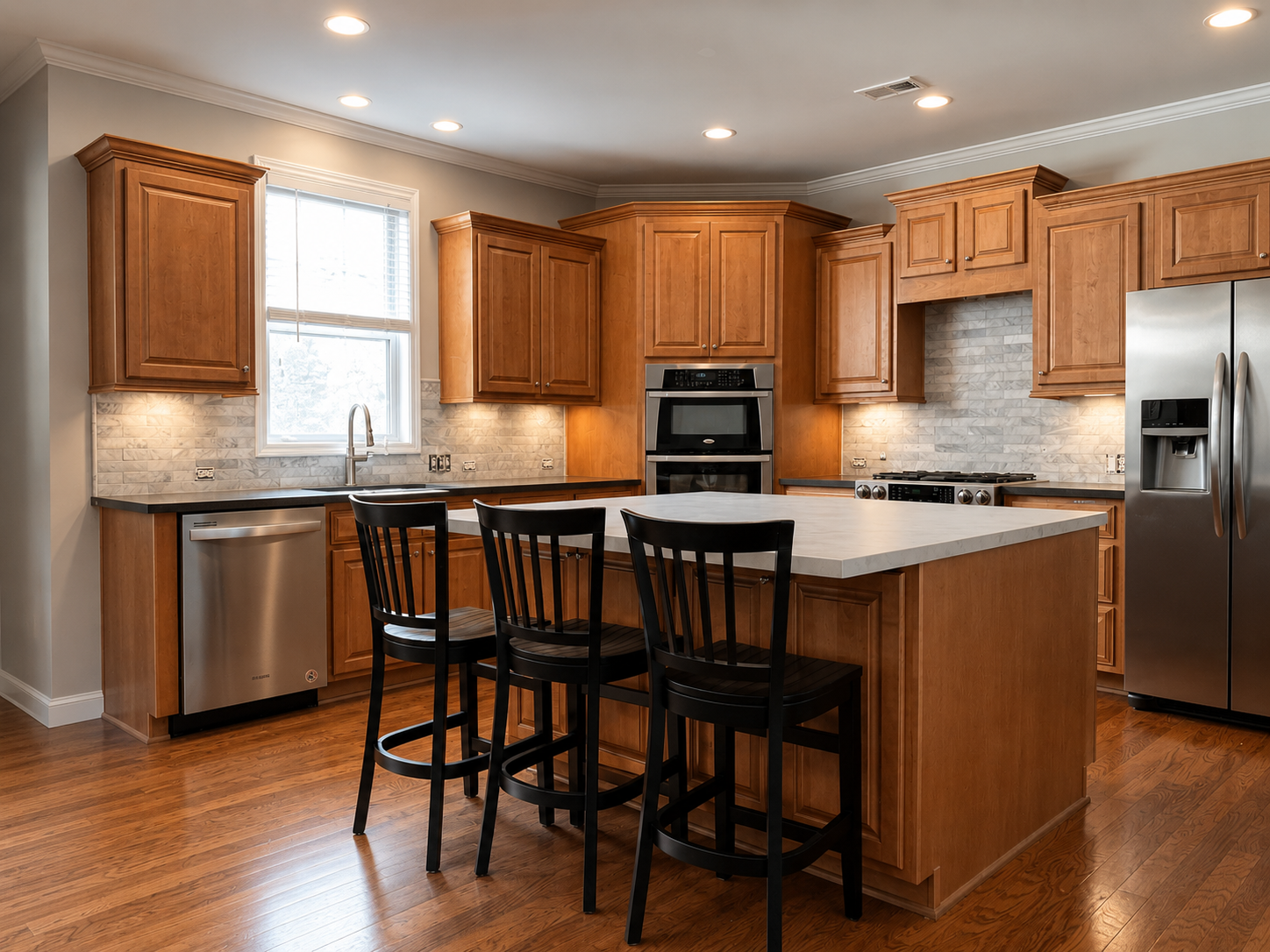 Wide kitchen view with warm wood cabinetry, white and gray marble subway tile backsplash, stainless appliances, and a central island in Harrisburg, NC
