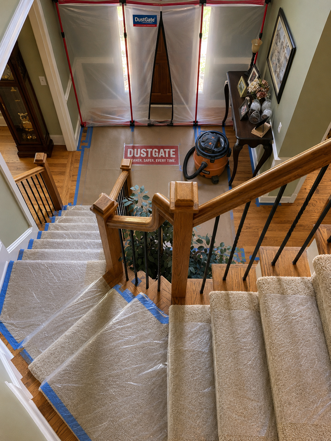 Carpeted staircase, hardwood flooring, and entryway protected with plastic sheeting, floor covering, and a temporary dust-containment barrier before renovation work. -Harrisburg, NC