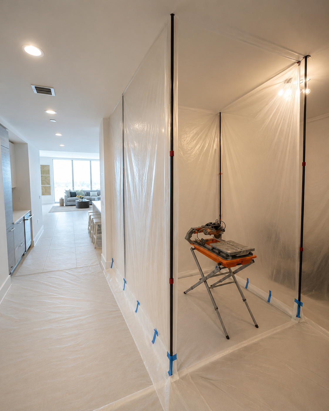 Temporary floor-to-ceiling plastic containment enclosure protecting an open-concept home while a wet saw or tile-cutting station is used inside. - Harrisburg, NC