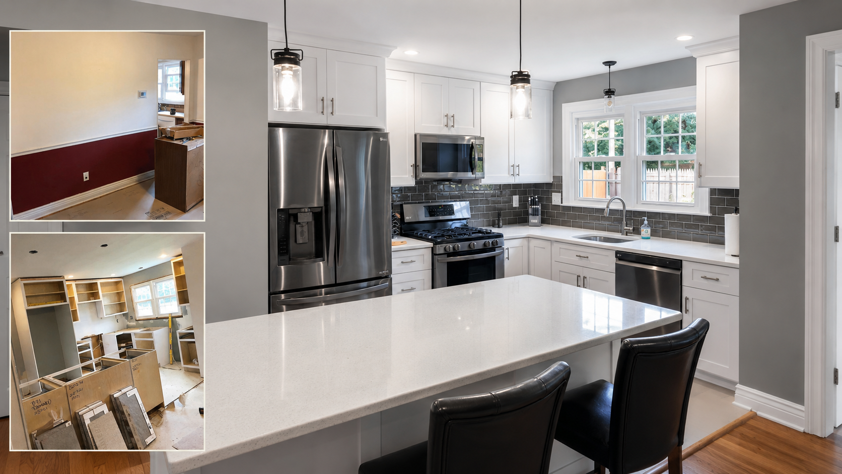 Before, construction, and completed views of a kitchen renovation with white shaker cabinets, dark gray subway backsplash, white countertops, and a large island in Charlotte, NC