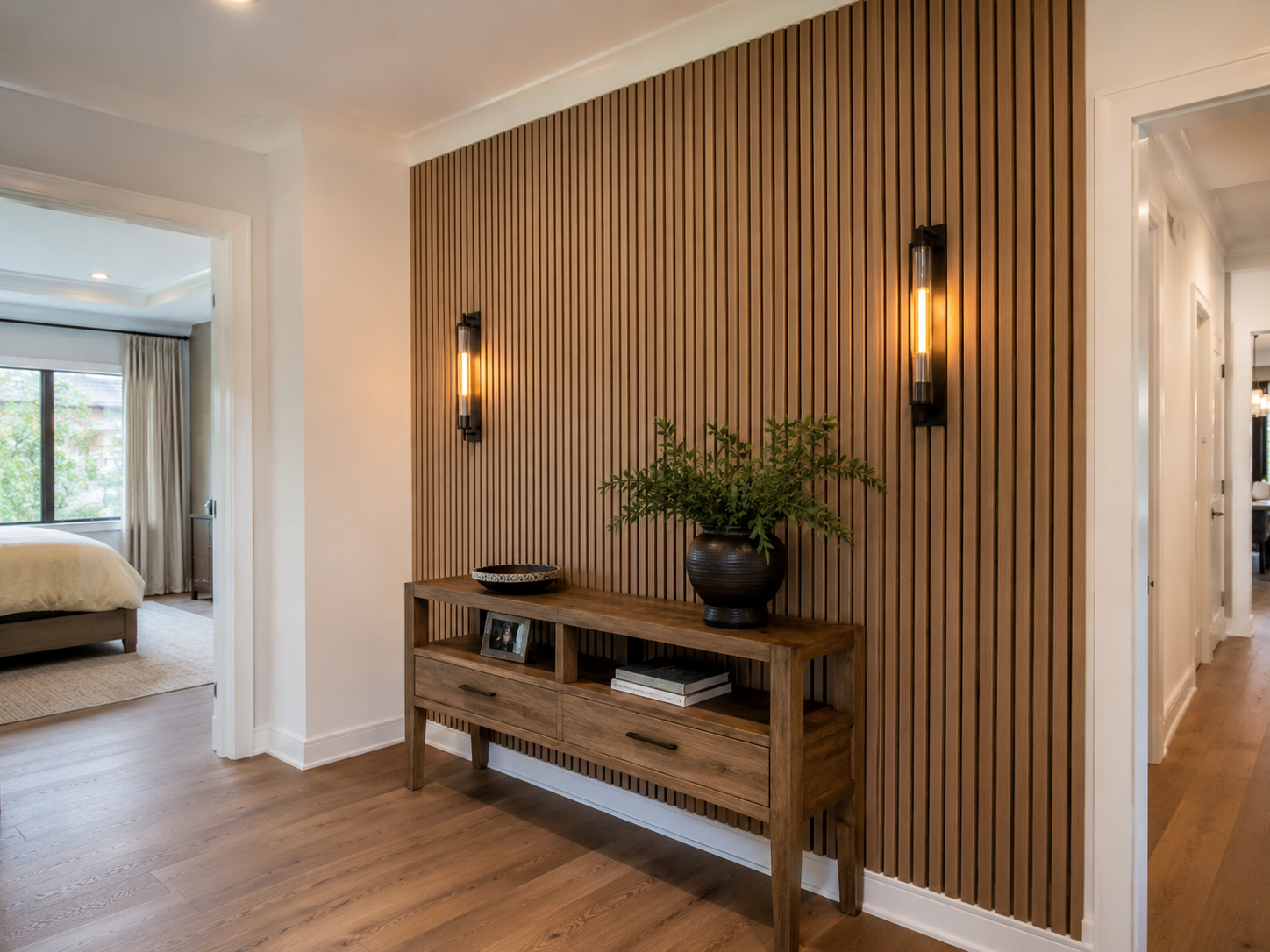 Floor-to-ceiling warm wood vertical slat feature wall with two black wall sconces, a wood console table, and adjacent residential hallways in Fort Mill, SC