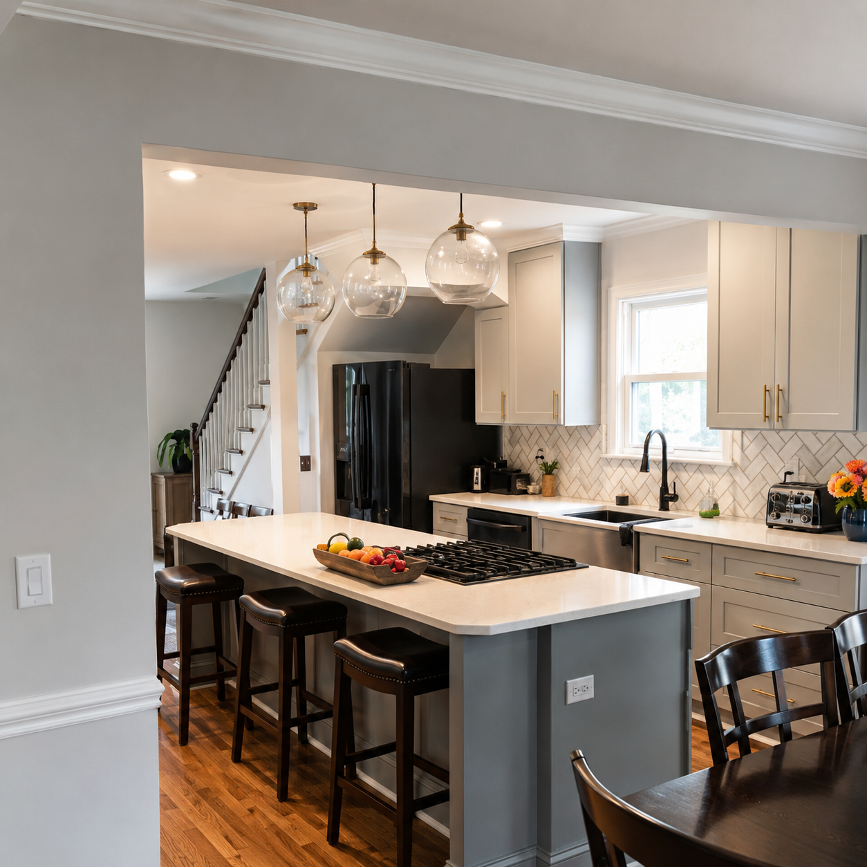 Open kitchen with light gray shaker cabinets, white countertops, black appliances, a large island, and a light neutral herringbone backsplash surrounding the sink window in Charlotte, NC.