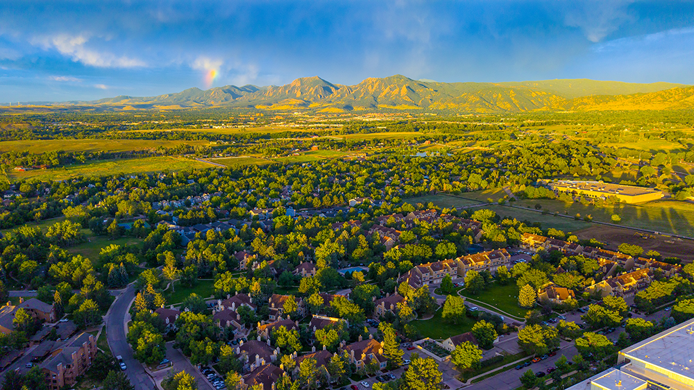 Aerial drone view of the Powderhorn neighborhood in Boulder, Colorado