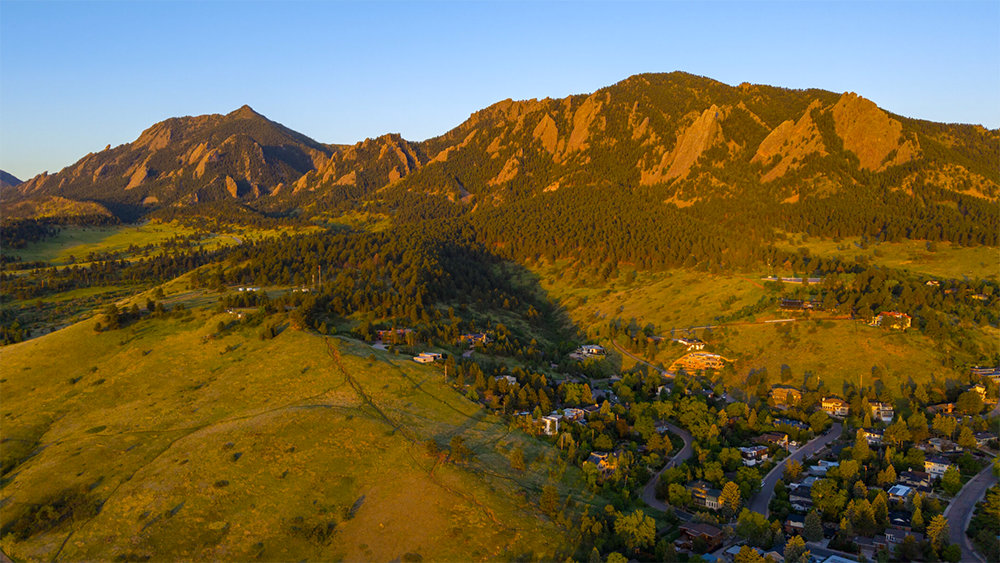 Aerial drone photo of the Chautauqua area in Boulder, Colorado, at the base of the Flatirons near historic Chautauqua Park.