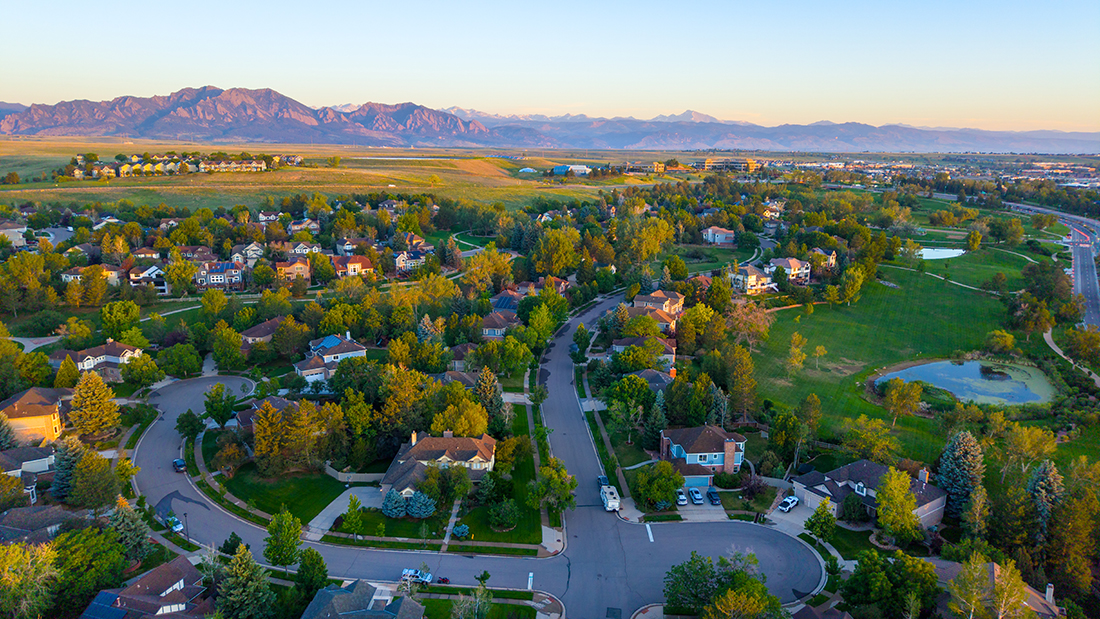 Aerial drone photo of Superior, Colorado, a master-planned town along the US 36 corridor between Boulder and Denver.