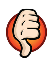 Cartoon hand giving a thumbs-down gesture inside a red circular background.