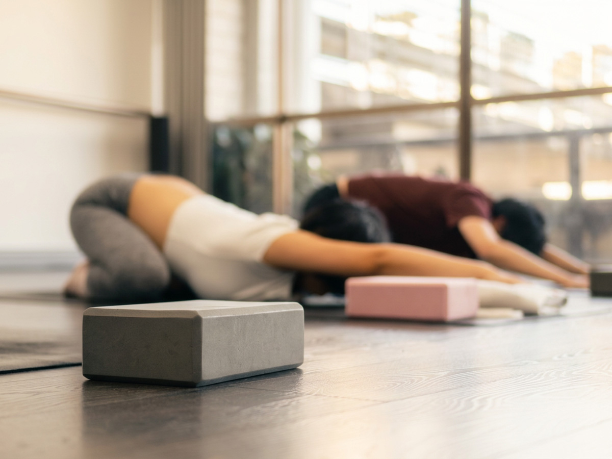 Yoga block beside participants resting in child’s pose during a studio class