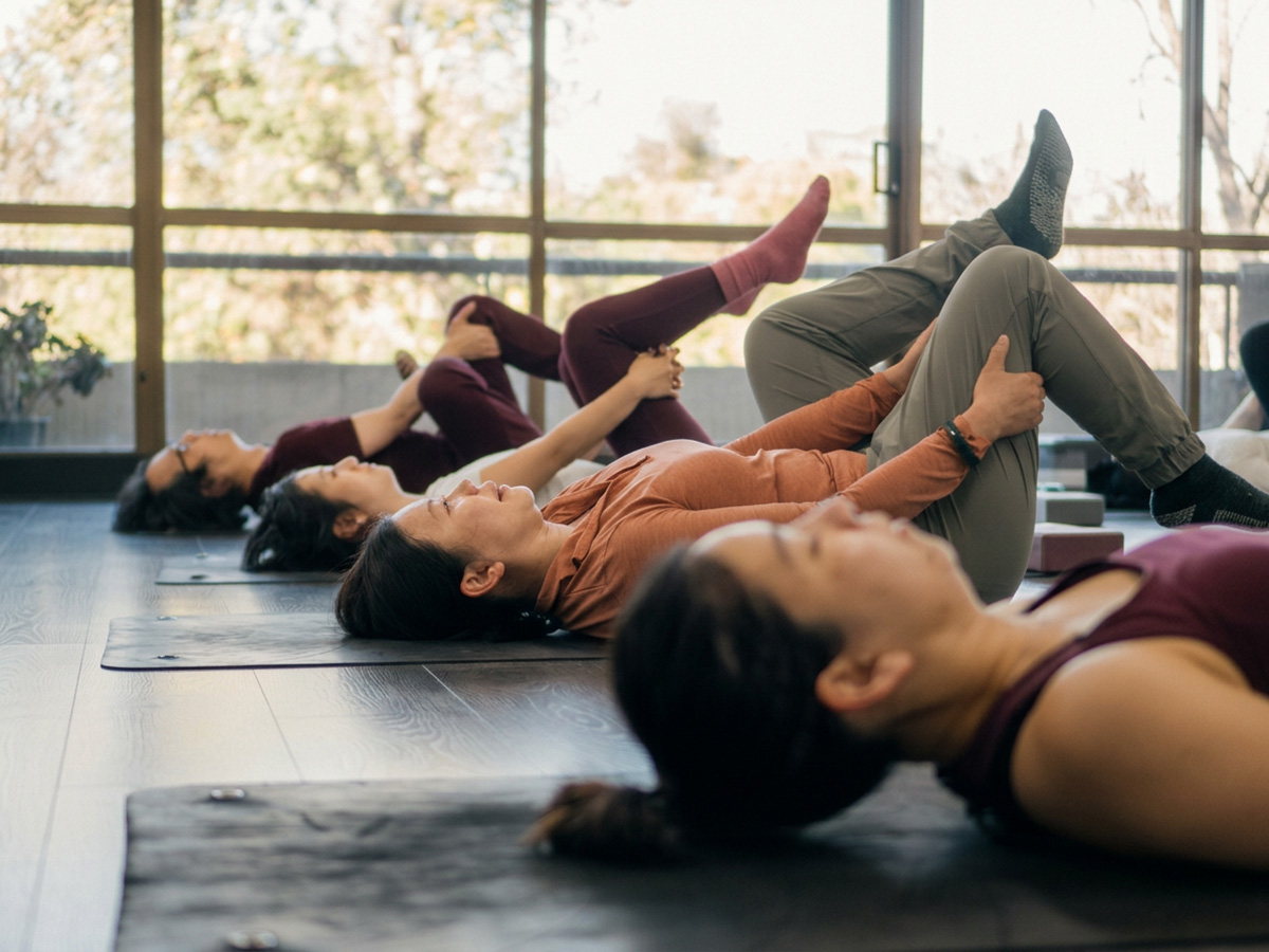 Group Pilates class performing single-leg hip stretches on exercise mats