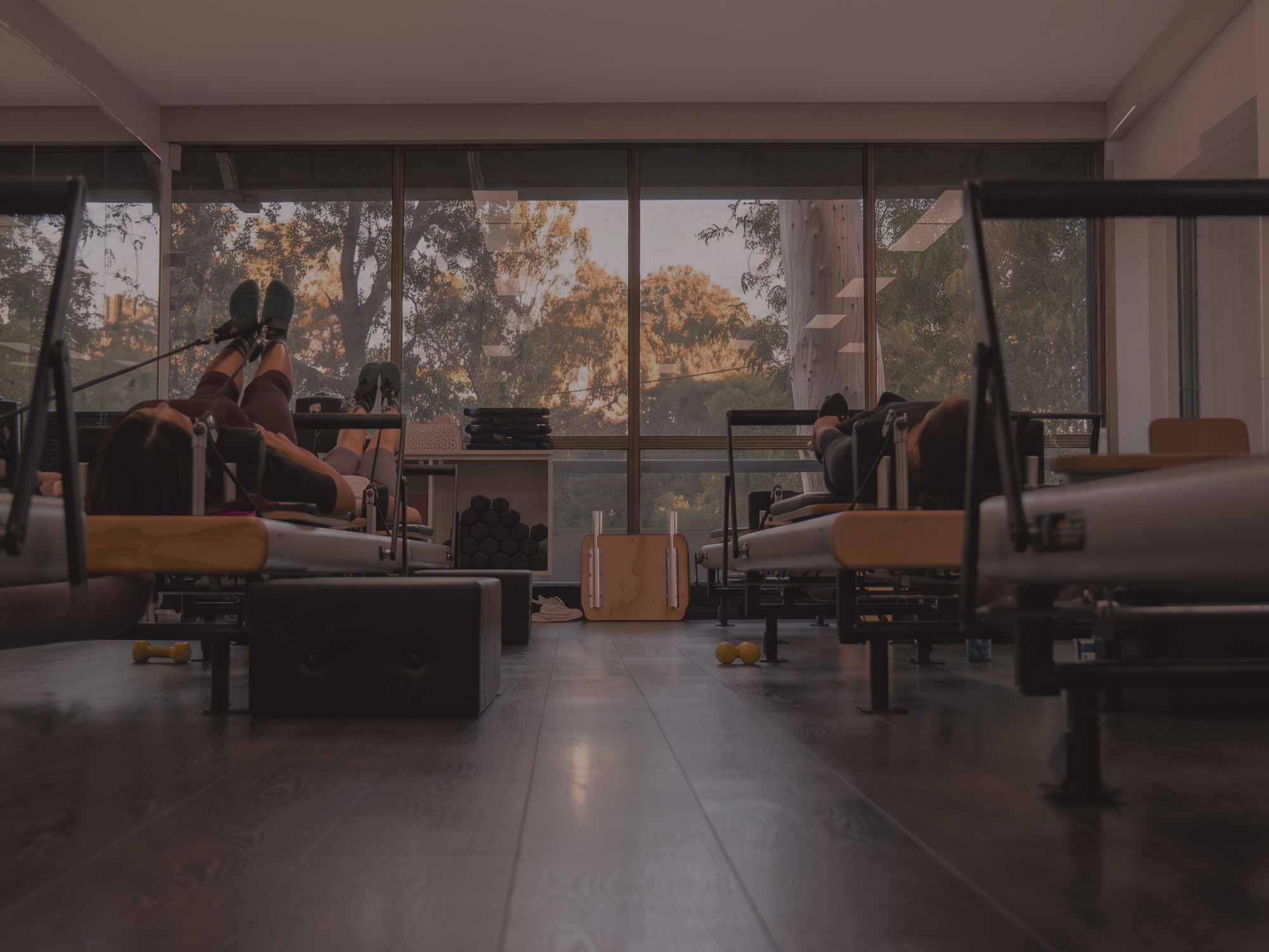 People exercising on Pilates reformer machines in a studio with large windows showing trees outside.
