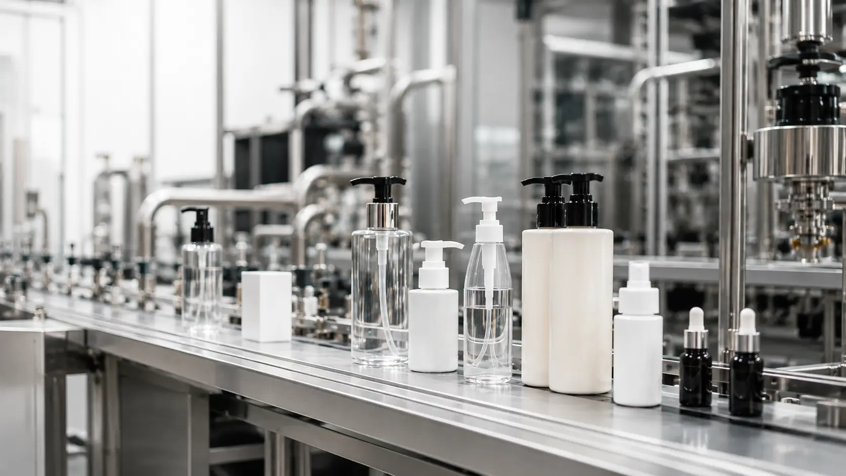 Various clear and white pump bottles arranged on a reflective surface with blurred background.