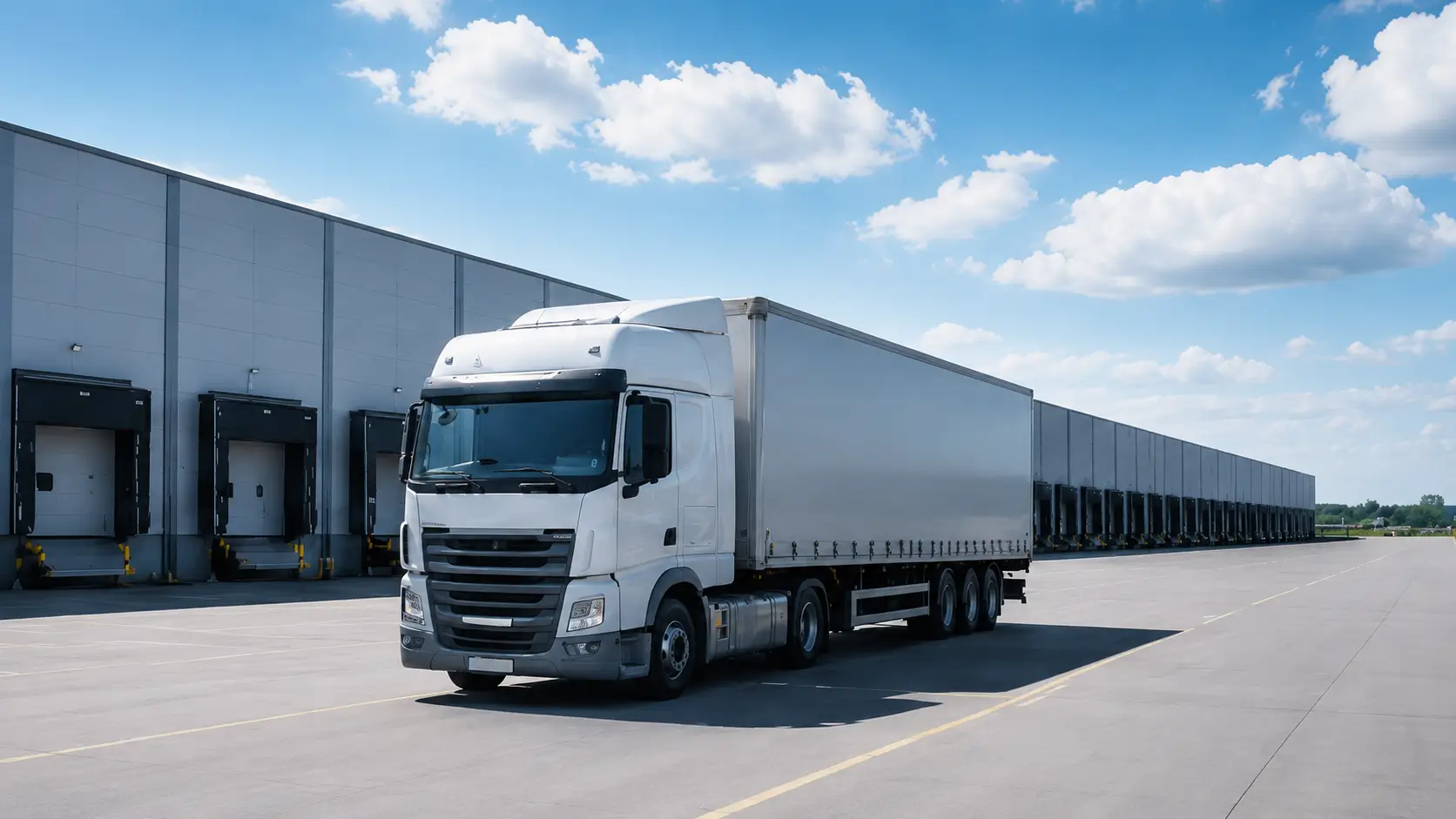 White semi-truck parked outside a warehouse loading dock under a blue sky with some clouds.