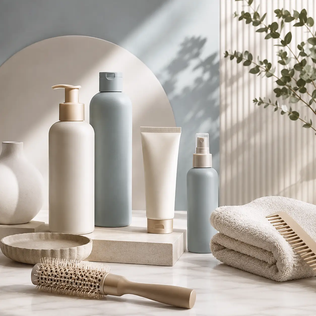 Personal care bottles and foam with folded towels and a plant in a concrete pot on a marble surface.