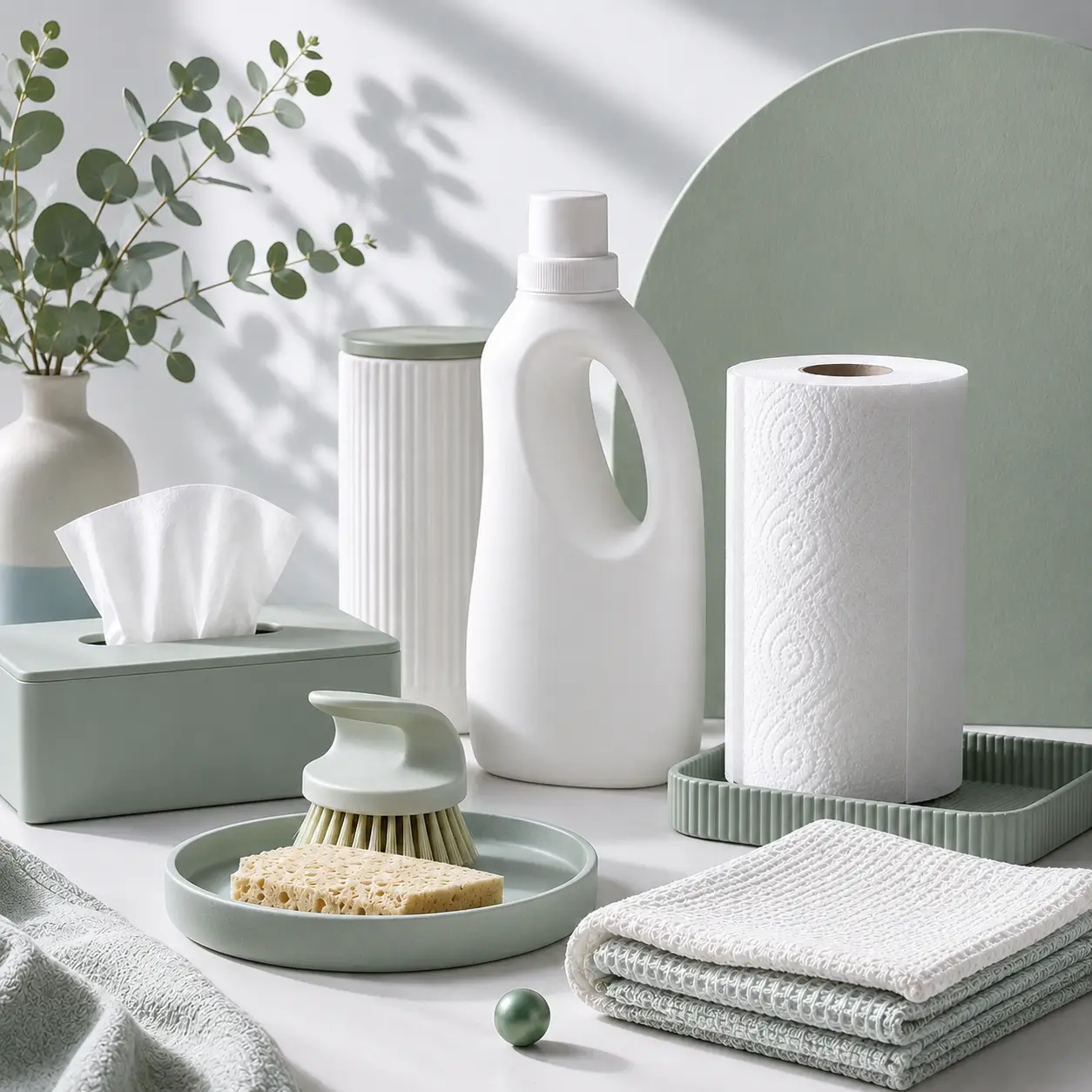 Household cleaning items including tissue box, sponge, detergent, brush, paper towel, and a plant in a vase.