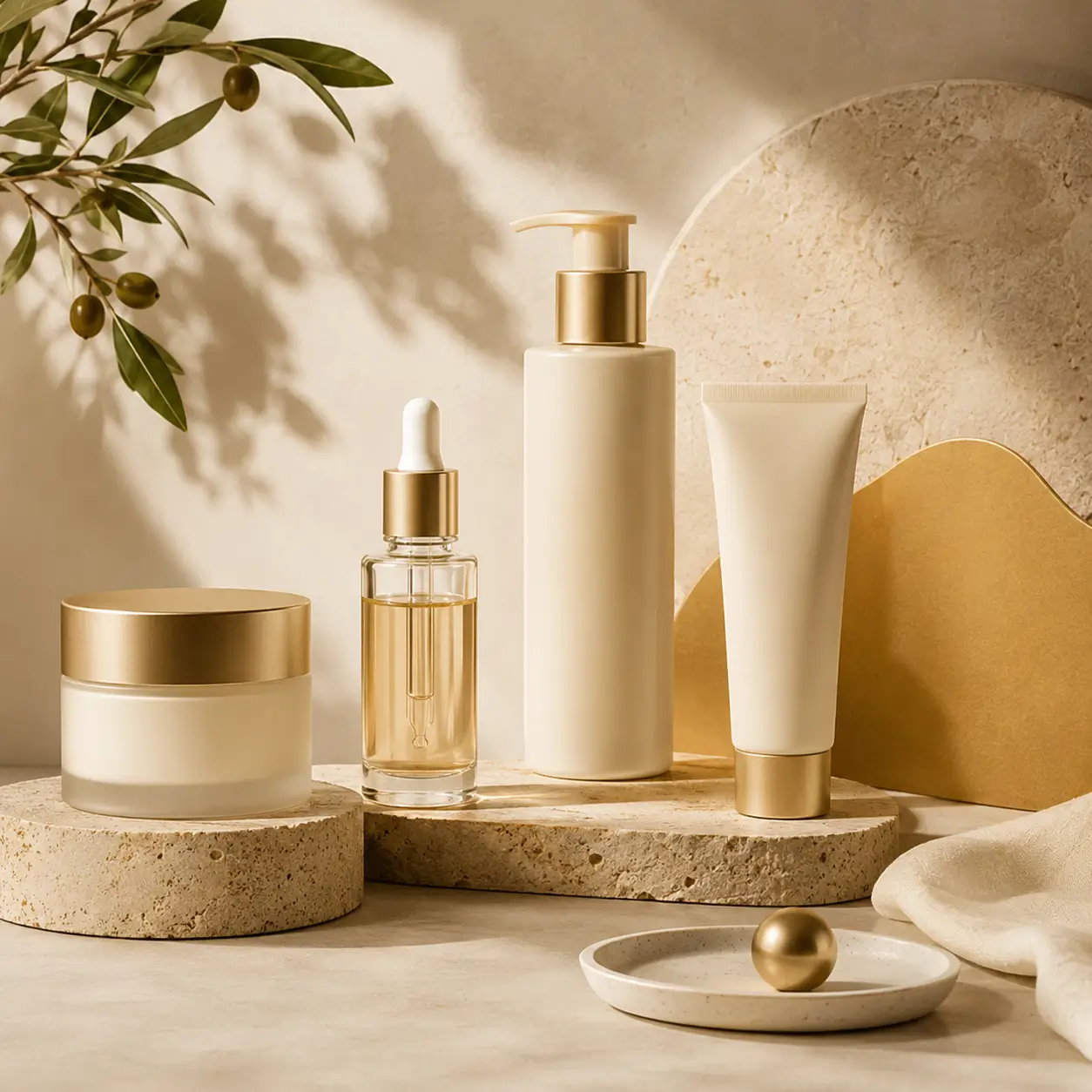 Set of skincare products including cream jar, serum dropper, pump bottle, and tube on stone and gold surfaces.