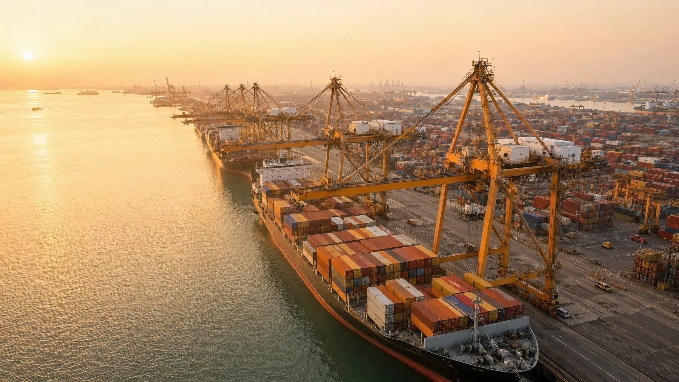 Container ships docked at a port with cranes unloading cargo at sunset over calm water.