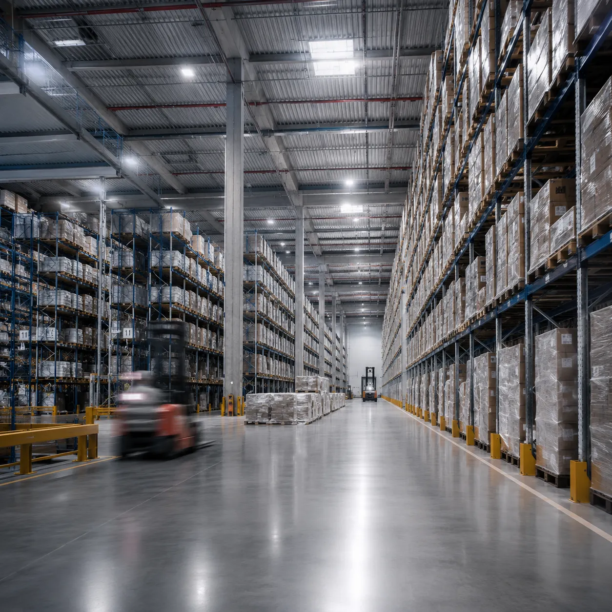 Large warehouse with tall shelves stocked with pallets and forklifts moving down the aisle.