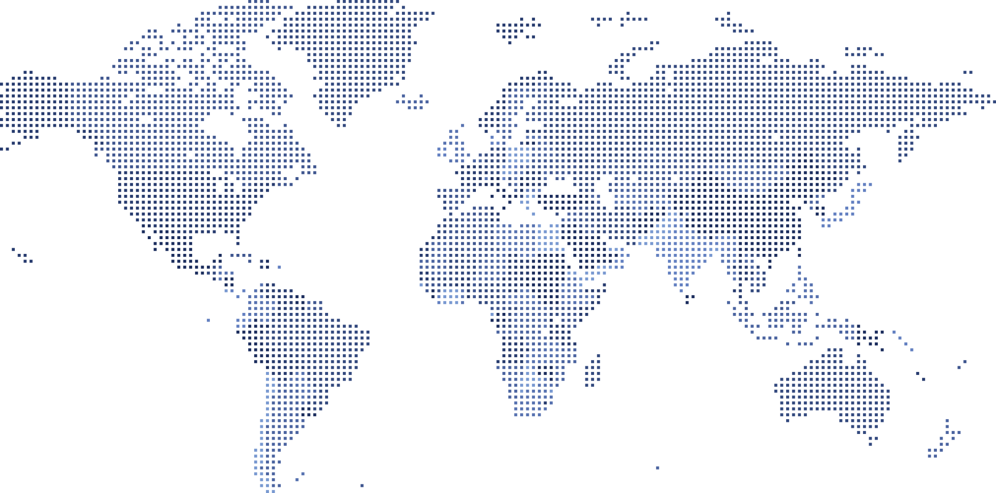 Digital pixelated map of the world showing continents and oceans in dark blue and black.