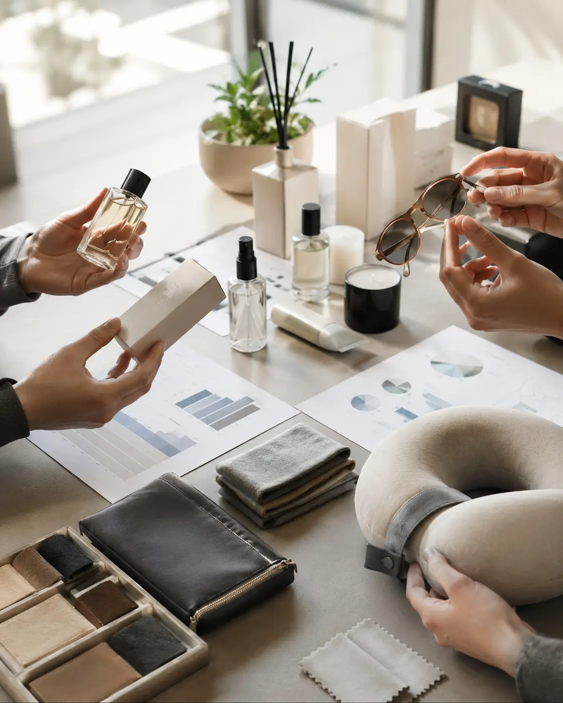 Hands holding perfume bottle, packaging, and sunglasses among skincare, fabric swatches, and travel pillow.