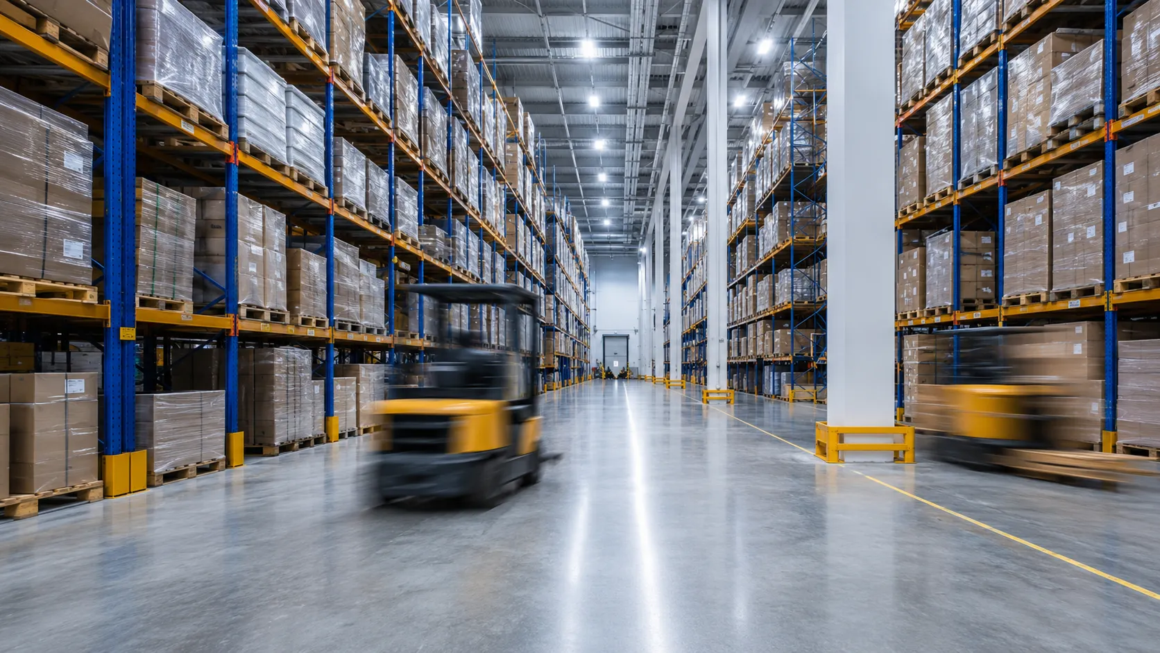 Warehouse aisle with stacked pallets on shelves and two blurred yellow forklifts moving.