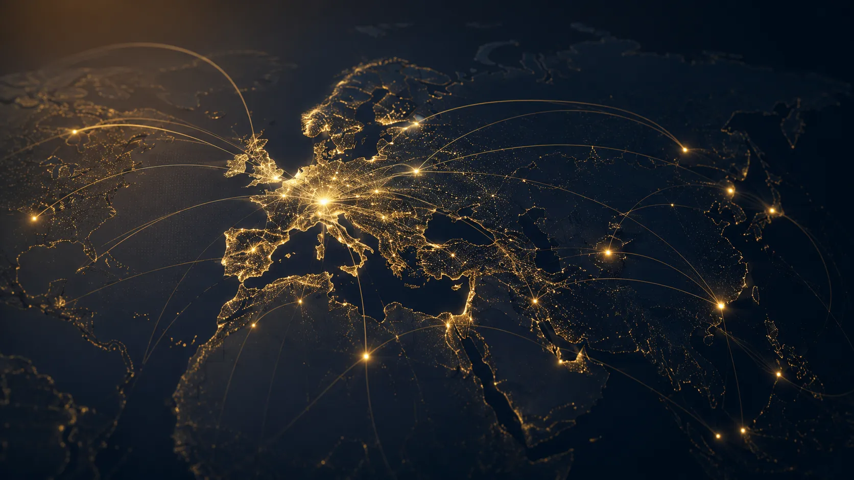 Illuminated map of Europe, Asia, and Africa with glowing connection lines between major cities.