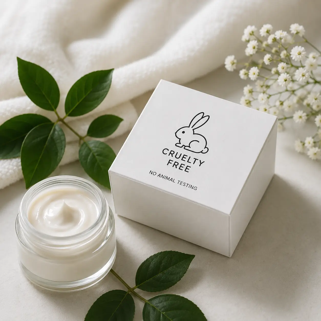 Open jar of cream next to a box with a cruelty-free bunny logo and green leaves on a light surface.