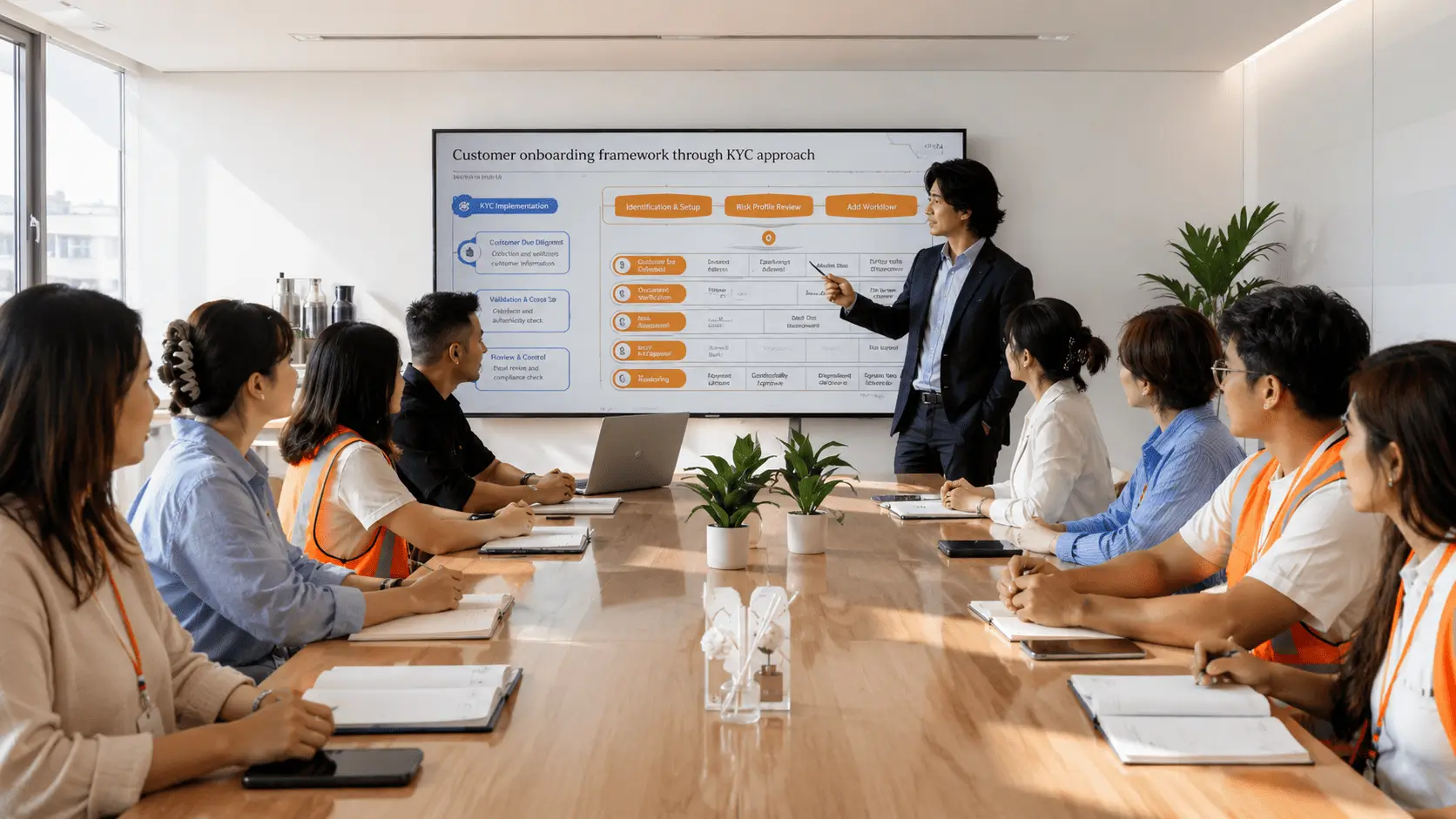 Business team in a meeting room watching a man present a customer onboarding framework on a large screen.