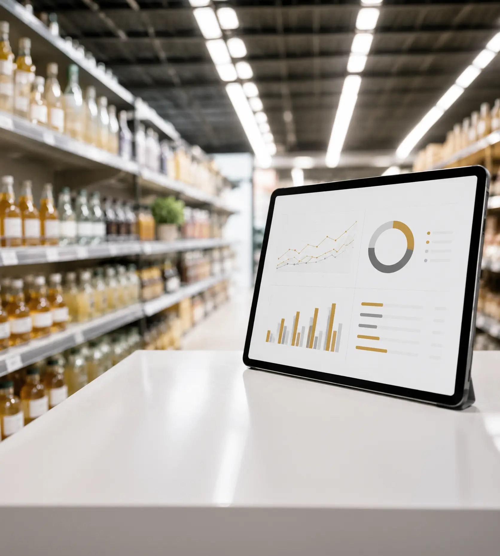 Tablet on white counter showing charts and graphs in a store aisle with shelves of bottles.