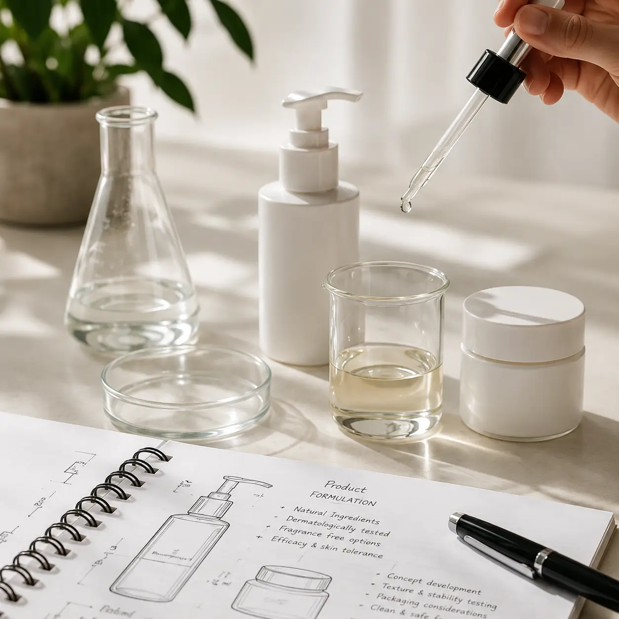 Cosmetic product research setup with beakers, a pump bottle, cream jar, and formulation notes in a notebook.