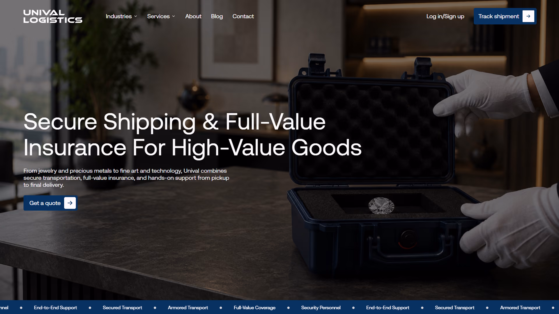 Website homepage with hands wearing white gloves opening a protective case containing a large diamond, with text emphasizing secure shipping and full-value insurance for high-value goods by Unival Logistics.