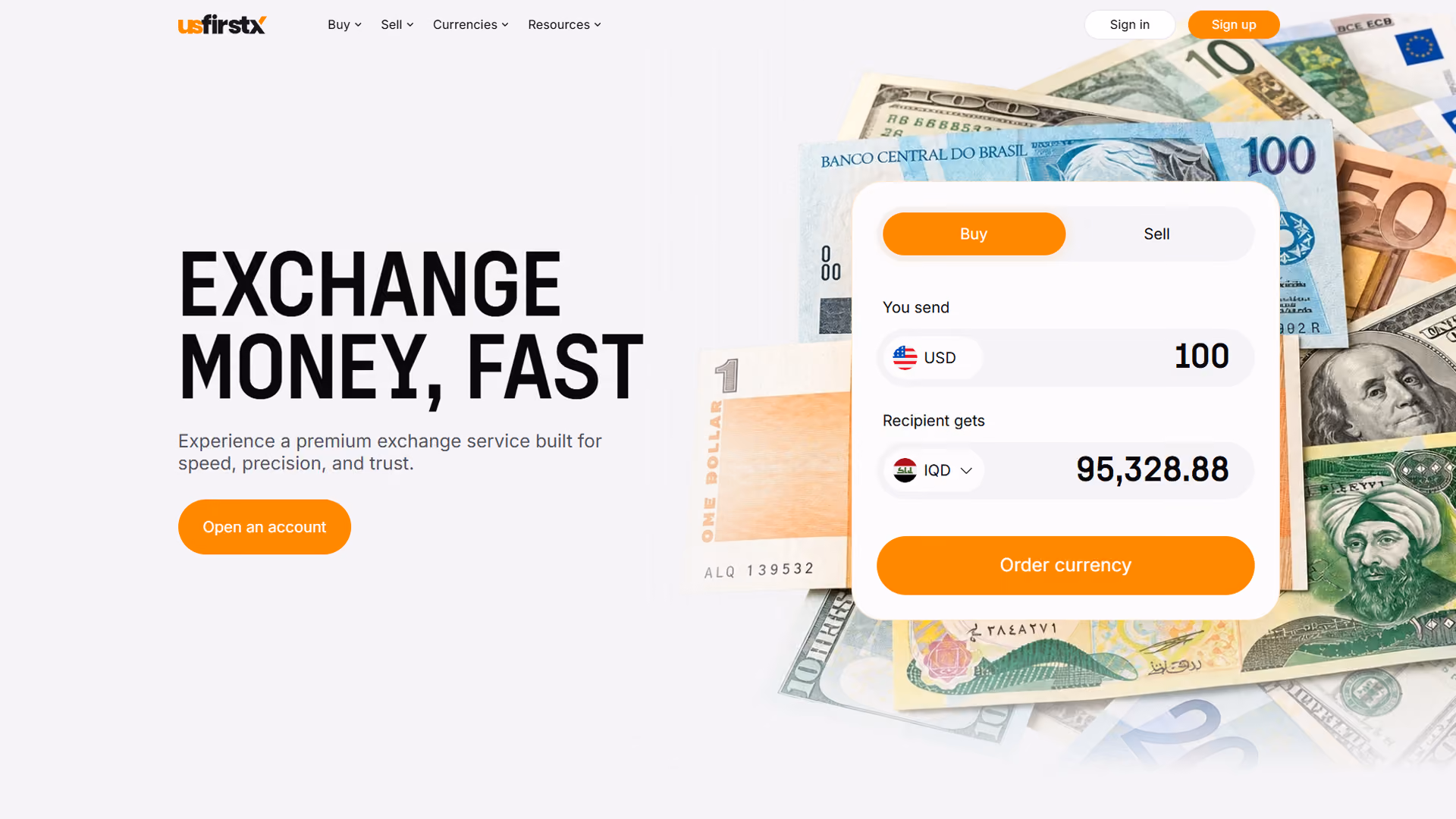 Website banner showing various international banknotes behind a currency exchange interface where 100 USD is converted to 95,328.88 IQD, with the text 'Exchange Money, Fast' and a button labeled 'Open an account'.