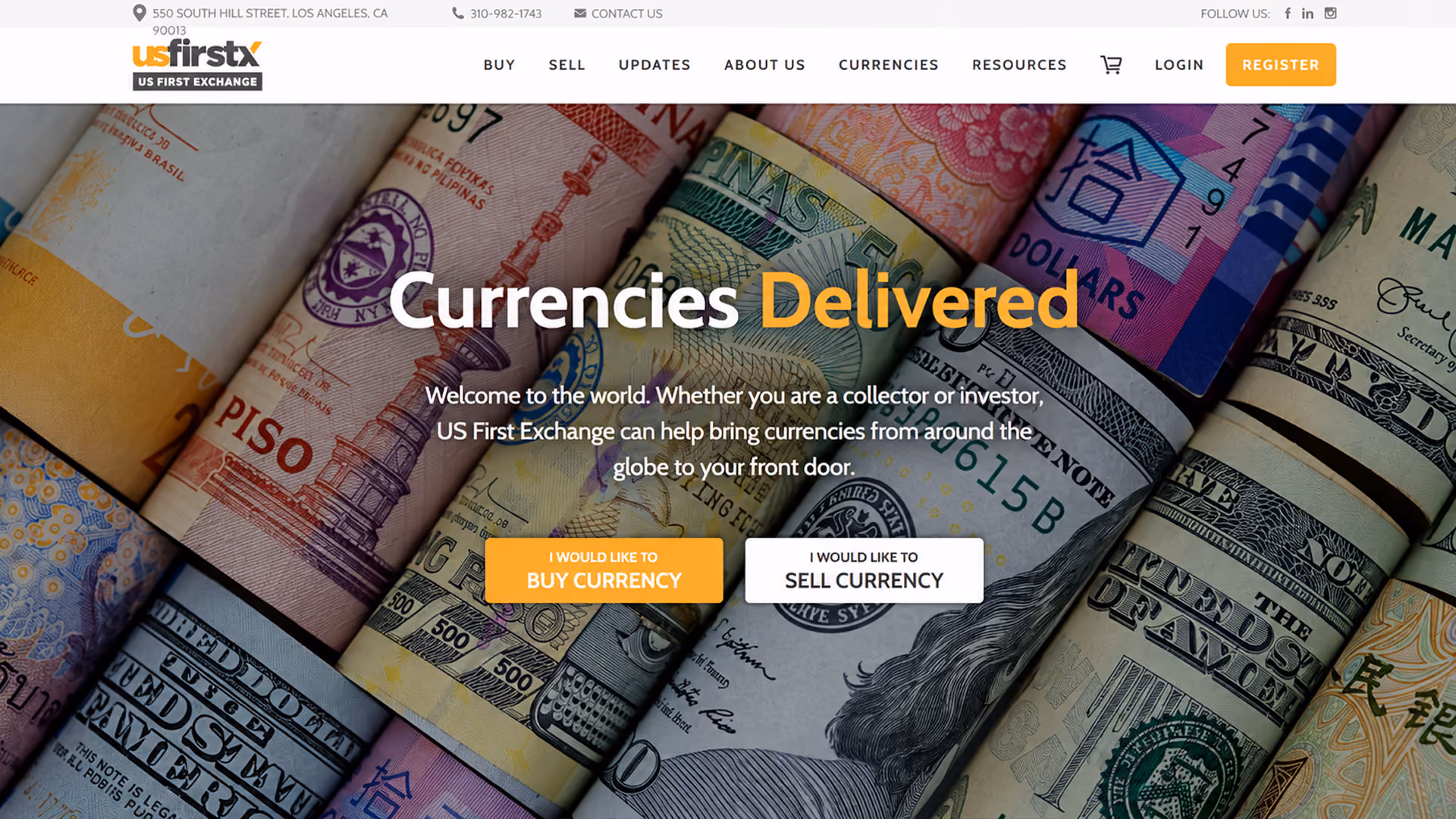 Rolled banknotes of various currencies arranged side by side, with overlaid text promoting currency exchange services, including buttons labeled 'Buy Currency' and 'Sell Currency'.