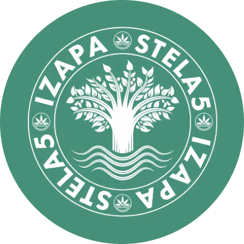 Green circular logo with a stylized white tree, waves below, and text 'IZAPA STELA 5' around it.
