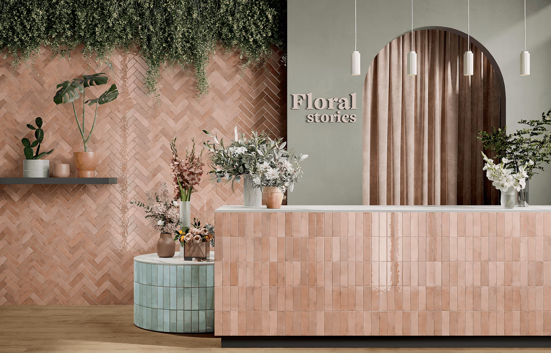 Small-format decorative tiles in patterned and brick-effect styles