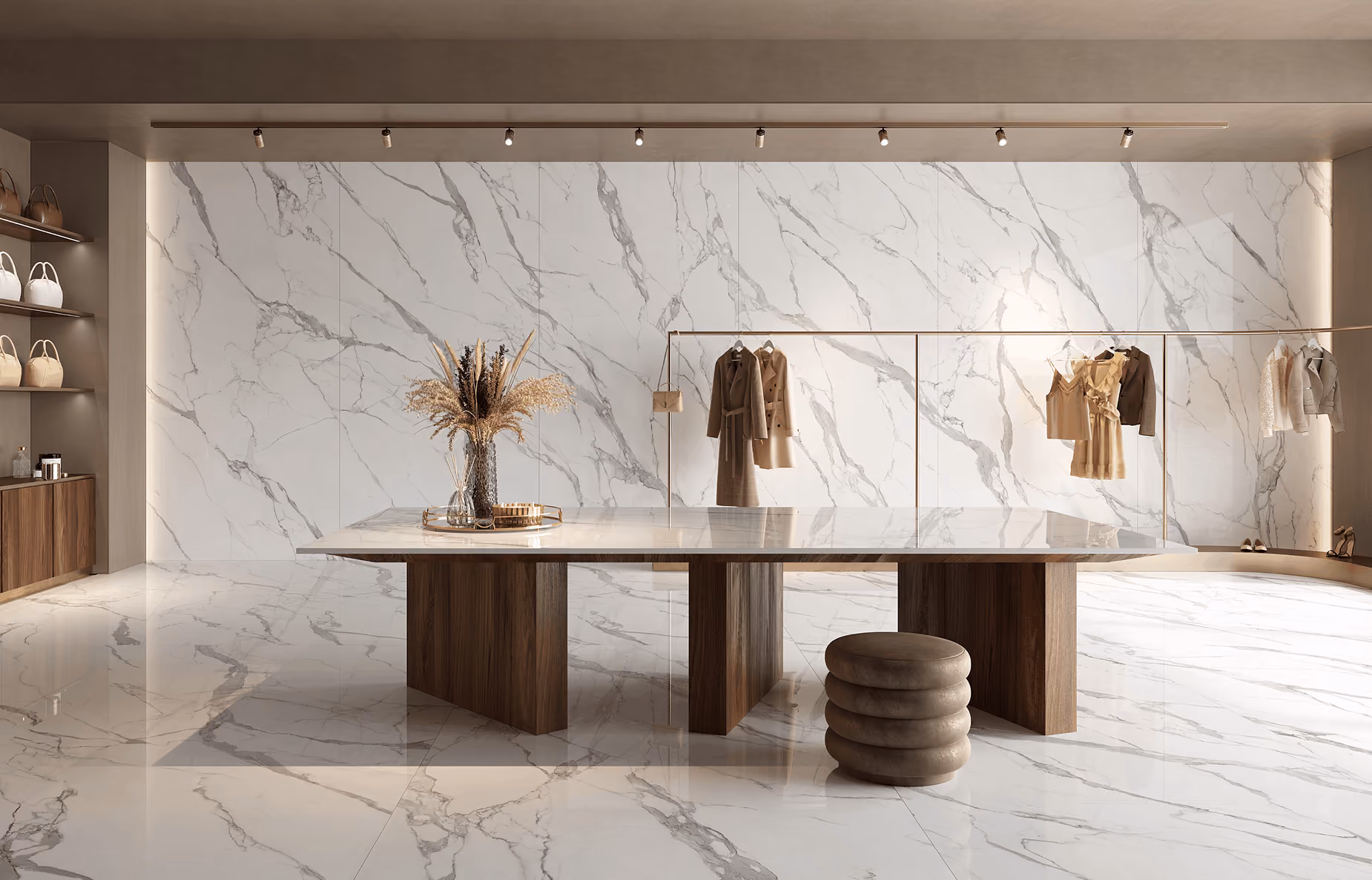 Large-format porcelain slabs for seamless walls and floors