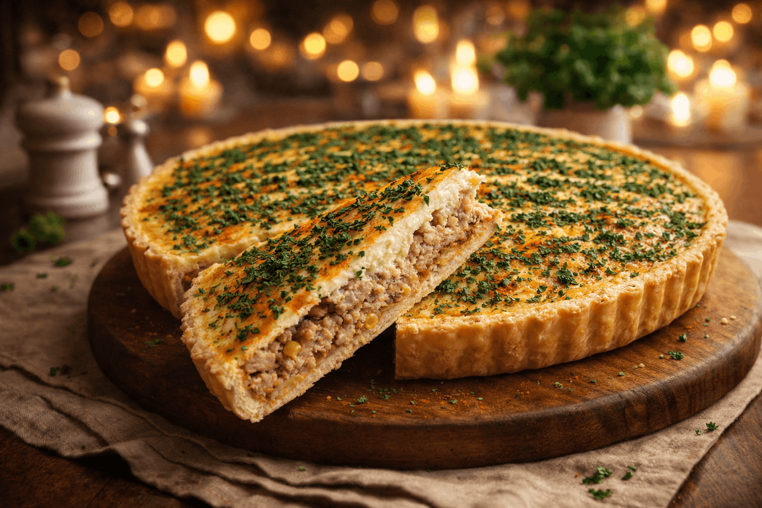 Golden homemade savory pie fresh from the oven